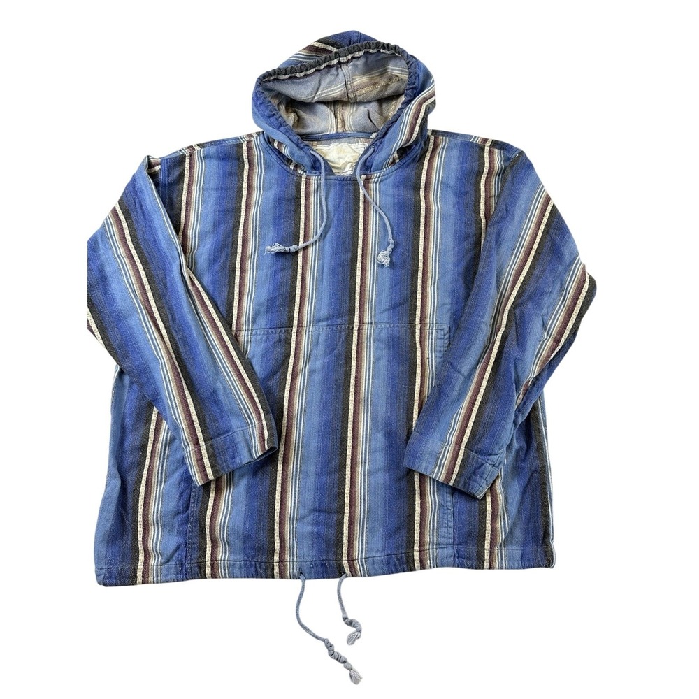 Vtg Blue Baja Hoodie Pullover Stripe Mexican Drug Rug Hippie Boho‎ 90s Size Med